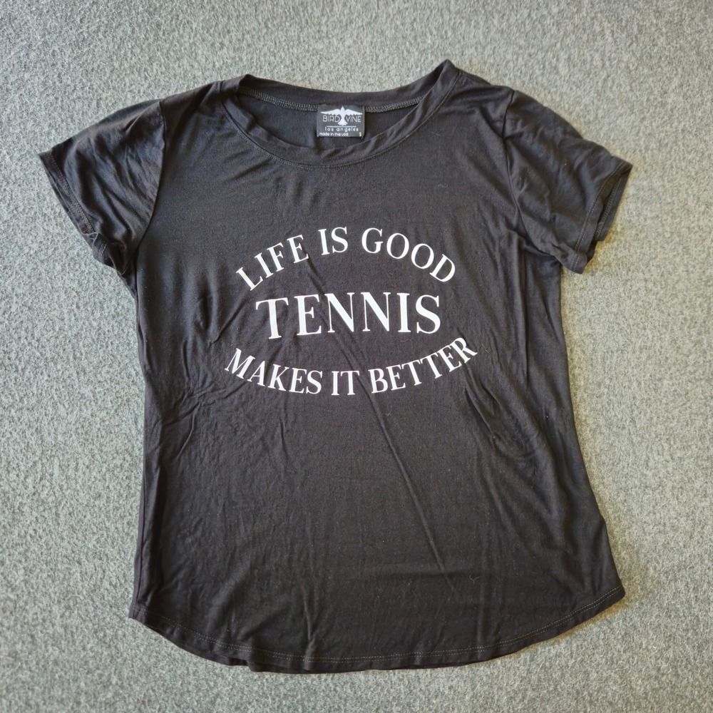 Bird & Vine T-Shirt S Black Life is Good Tennis Makes it Better EUC Tenniscore